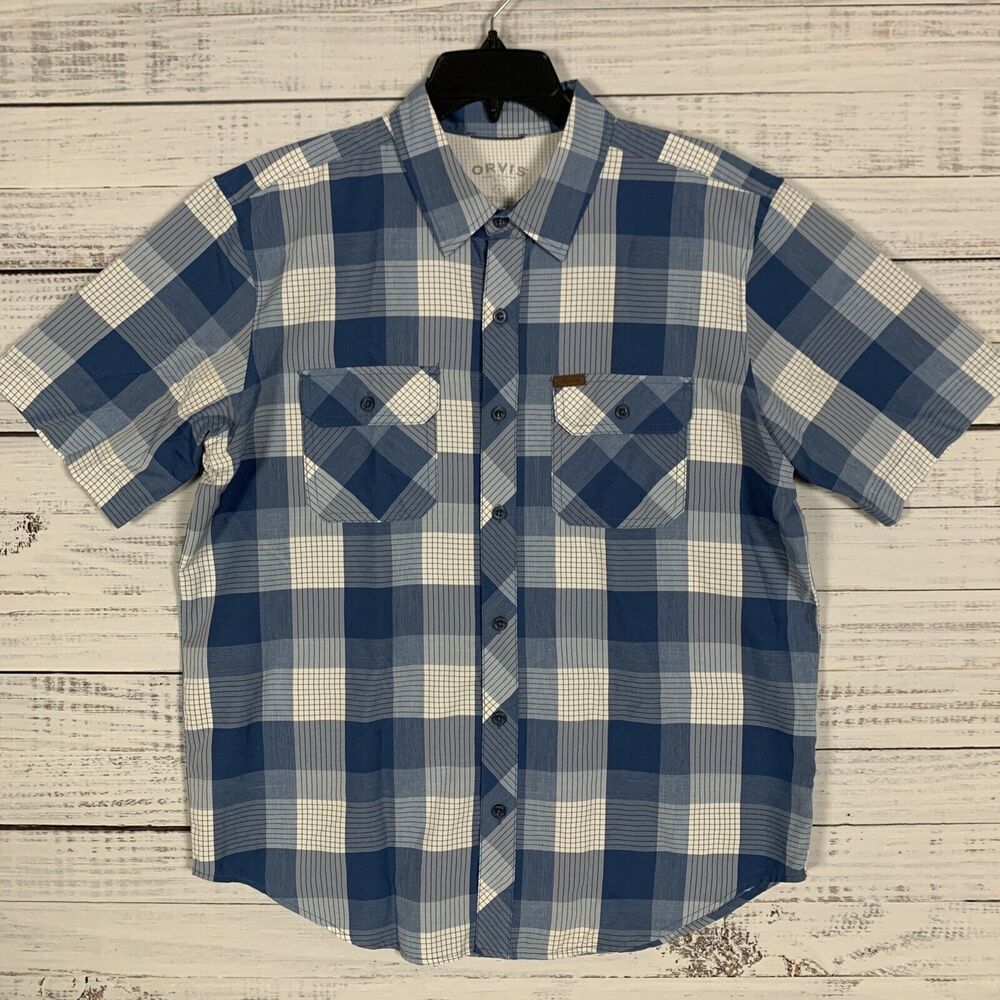 Orvis Shirt Mens Large Performance Button Up Blue Check S/S Polyester Outdoor